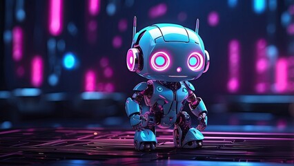 A small futuristic robot with a square head and glowing blue and pink eyes stands on a glowing circuit board against a dark background.