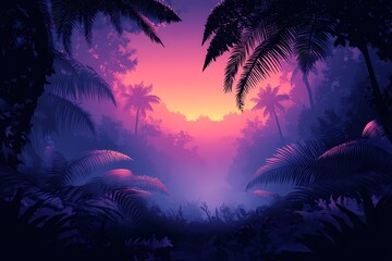 Paradisiacal Twilight Forest Landscape: Vibrant Tropical Trees and Colorful Sky Silhouette