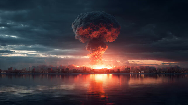 Massive Mushroom Cloud Explosion Over Apocalyptic City: Dramatic Night Sky with Ominous Fire and Smoke Reflection, Doomsday Chaos and Destruction Unveiled - Powered by Adobe
