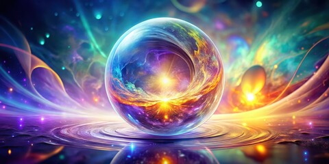 A cosmic sphere encapsulating a vibrant nebula, reflecting ethereal light on a swirling, celestial plane.