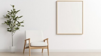 Minimalist living room scene with a comfortable armchair, a plant, and a blank framed poster