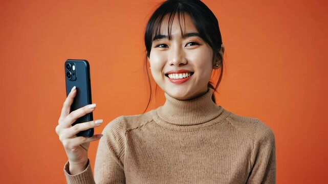 Young woman smiling while holding a smartphone against a vibrant orange background