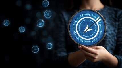 A hand holds a circular target, symbolizing focus and direction.  Aimed at a precise goal