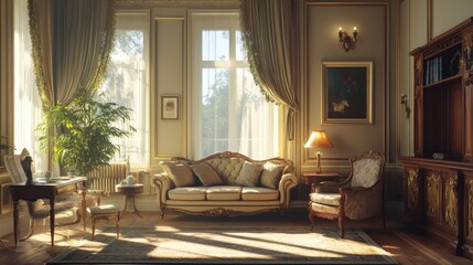 An elegant sunlit interior room with beautiful furnishings and art