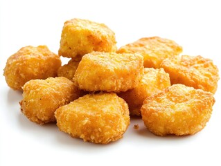 Crispy, golden-brown, bite-sized, food.  A cluster of  delicious, fried morsels