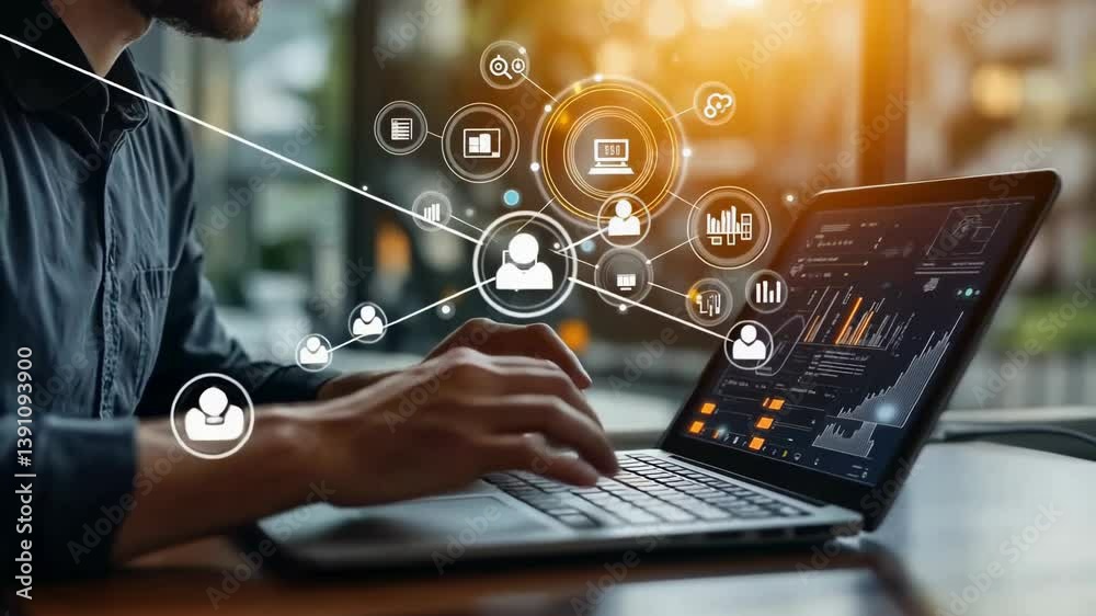 Poster The image shows a person typing on a laptop displaying data charts with network icons. It represents concepts of data analysis, networking, and technological progress in a bright, modern setting.