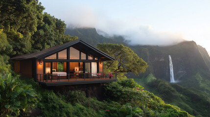 Secluded Lodge in Paradise: A stunning lodge perched on a verdant hillside overlooking a cascading waterfall, a serene sanctuary amidst nature's splendor.