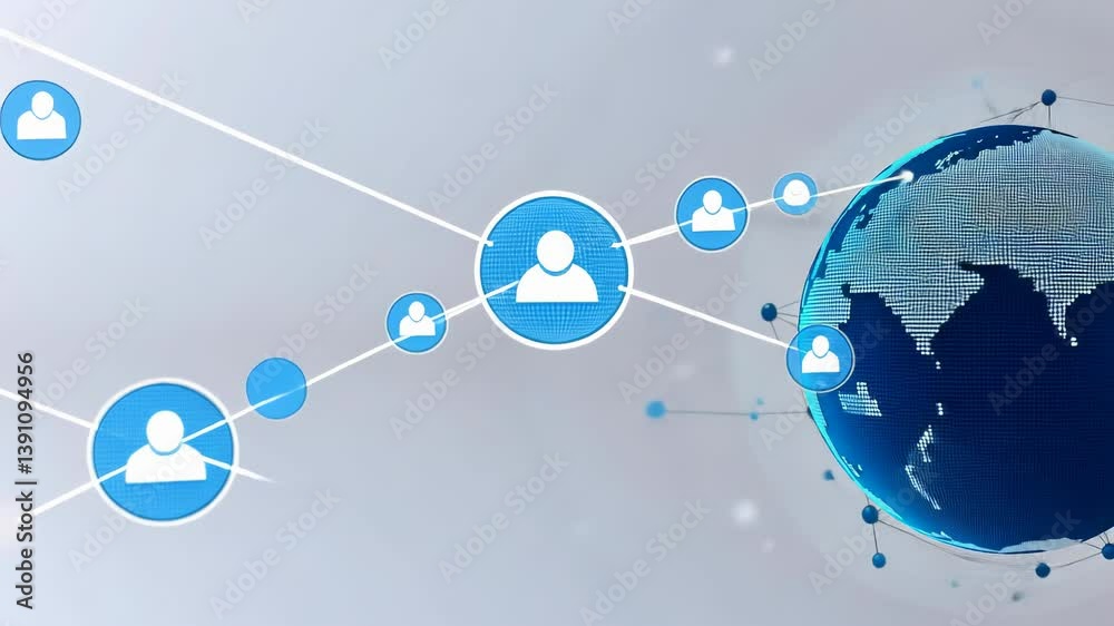 Aufkleber A digital representation of global connections, featuring user icons linked to a globe. Illustrates the concept of worldwide communication , networking with a user focus. Modern , futuristic design.