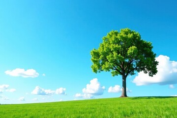 Obraz premium Isolated tree against a clear blue sky with some fluffy white clouds, single, nature, solitary