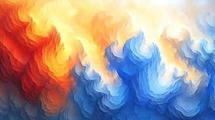 Abstract landscape of fiery orange and icy blue layered forms.  A dynamic interplay of colors creates a sense of movement and depth.  Soft, textured forms evoke clouds or mountainous terrain