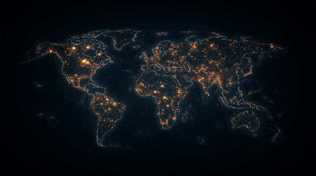 Global Network: An illuminated digital world map depicts a connected global network, with bright points of light highlighting centers of activity and communication.