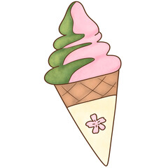 Sakura-flavored ice cream cone topped with tiny cherry blossoms