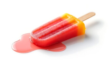 Hyperrealistic image of a colorful popsicle melting on a white surface with orange and red juices pooling, evoking summer heat, childhood nostalgia and refreshment
