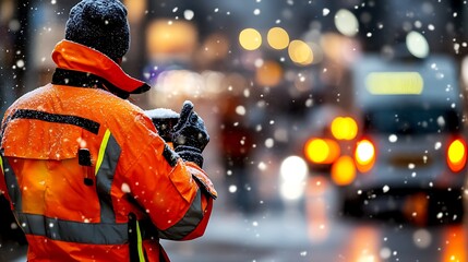 Naklejka premium Winter street worker in snowy city