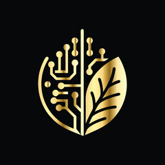 Eco logo with leaf and circuit board. Vector template for technology company. Circuit board logo with leaf. Technology icon. Vector illustration.