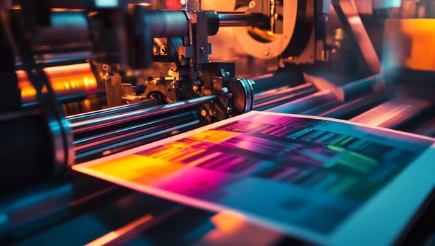 High-speed color printing press in action.  Complex machinery processes vibrant printed material