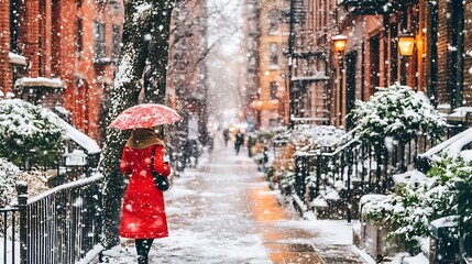 Woman in red coat walks snowy city street