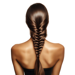 A Woman with Sleek Long Hair Styled into a Cascading Fishtail Braid Isolated on Transparent Background