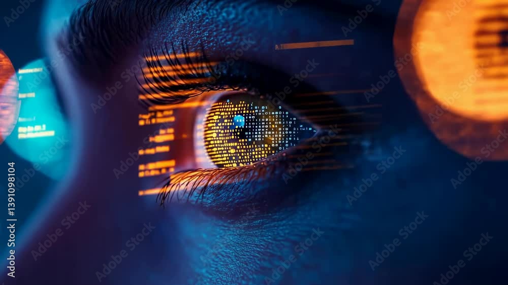 Poster Close-up of an eye with an overlaid digital display in shades of orange and blue. Highlights the concept of advanced technology interfacing with human senses and perception of the future.