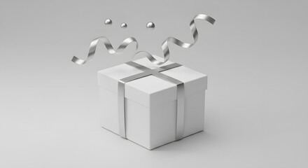Naklejka premium Square white gift box with a silver ribbon floating on a light grey background.