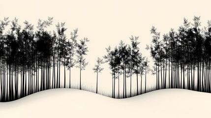 Black and White Minimalist Forest Silhouette Art - Bamboo Trees and Natural Patterns in a Serene Rural Landscape
