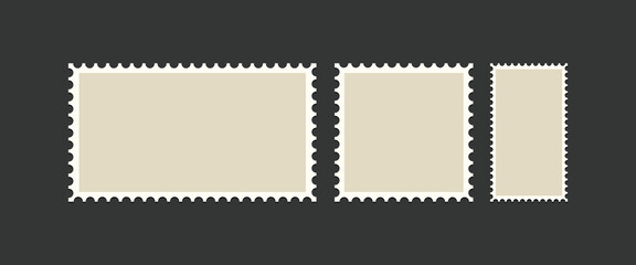 Postage stamp frames set. Empty border template for postcards and letters. Blank rectangle and square vintage postage stamps with perforated edge. Vector illustration isolated on black background.