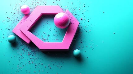 Pink hexagon frame with spheres and teal background.