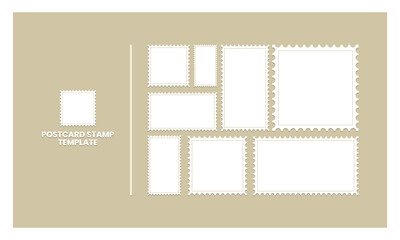 Blank Postage Stamps frames set - stock vector. Set of postcard stamps template. Mockup postage stamps.Jagged wavy edge forms. Vector illustration