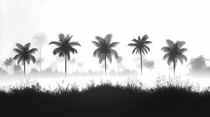 Tranquil Exotic Tropical Landscape with Silhouette Palm Trees and Misty Black and White Scenery
