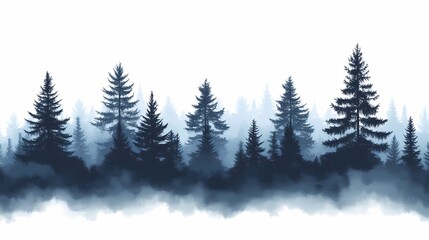 Misty Forest Landscape: Tranquil Watercolor Illustration of Pine Trees and Silhouette Horizon