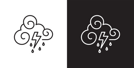 Rain and lightning icon Lightning and cloud icon with thin lines depicts rainstorm and lightning. Cloud vector illustration icon in transparent and black background. Editable stroke.