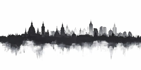 Obraz premium Black and White Cityscape Skyline Silhouette: Minimalist Urban Architecture and Landmarks in Monochrome Art