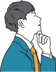 上を見上げて考え事をするスーツの男性の横顔