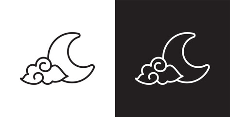 Moon and cloud icon with thin line. Cloud vector illustration icon in transparent and black background. Editable stroke.
