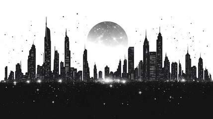 Monochrome Night Cityscape Silhouette Featuring Modern Urban Skyline Under Starry Night Sky – Dramatic Abstract Digital Art in Black and White