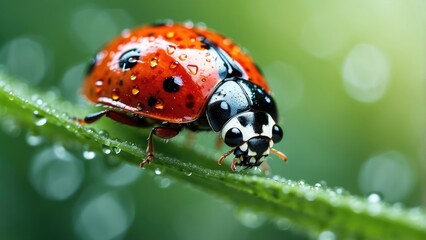 Obraz premium A close-up photo of a ladybug covered in water droplets on a grass blade during a rainfall