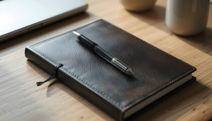 Pen Resting on Dark Leather Notebook on Wooden Desk Surface