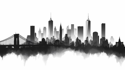 Naklejka premium Cityscape: Monochrome Skyline Silhouette with Skyscrapers and Bridge in Fog - Panoramic Urban Architecture Imagery