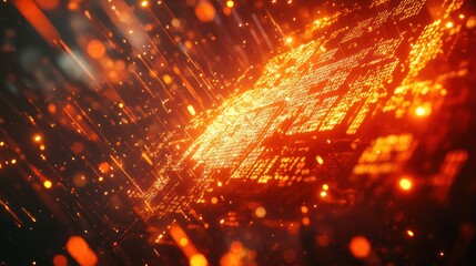 Abstract digital landscape with glowing orange circuitry and particles.