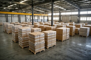warehouse building packed in wooden cases prepare transportation with trucks with a cloudy sky background concept edificio de almac&eacute;n embalado en cajas de madera preparar el transporte con camiones