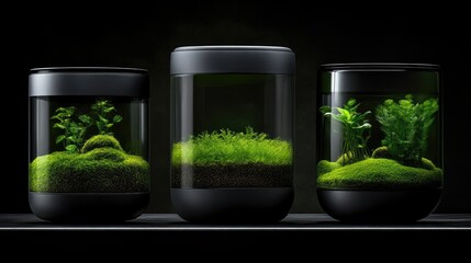 Modern terrarium display.  Three elegant, cylindrical terrariums showcasing miniature landscapes of moss, soil, and greenery.  A contemporary design element