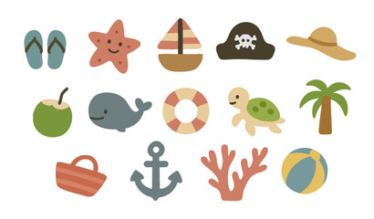 Summer Beach Icons Collection - Flip Flops, Starfish, Sailboat