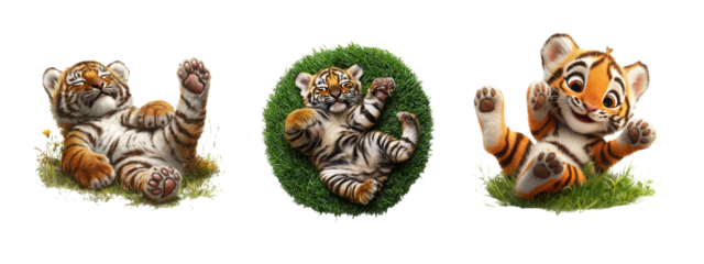 Playful Baby Tigers Relaxing in Grass and Nature Scenery