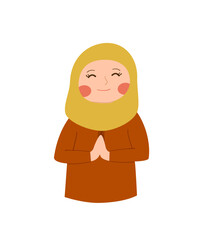 Smiling Girl in Mustard Hijab, Hands Pressed Together in Prayer