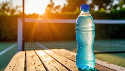 Water bottle sparkling in sunlight on tennis court table  