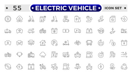 Electric Vehicle outline icons set. electric vehicle charging station, EV plug, bus, motorcycle, energy recovery, smart e car, Minimal outline icon collection.