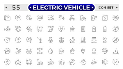 Electric Vehicle outline icons set. electric vehicle charging station, EV plug, bus, motorcycle, energy recovery, smart e car, Minimal outline icon collection.