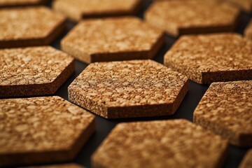 Close-up view of hexagonal cork tiles