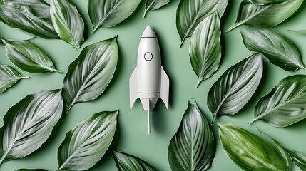 Green leaves surround a white rocket