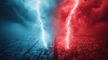 Forked red and blue lightning bolts strike opposite sides of a sprawling cityscape beneath dark storm clouds in a stylized metaphor of conflict